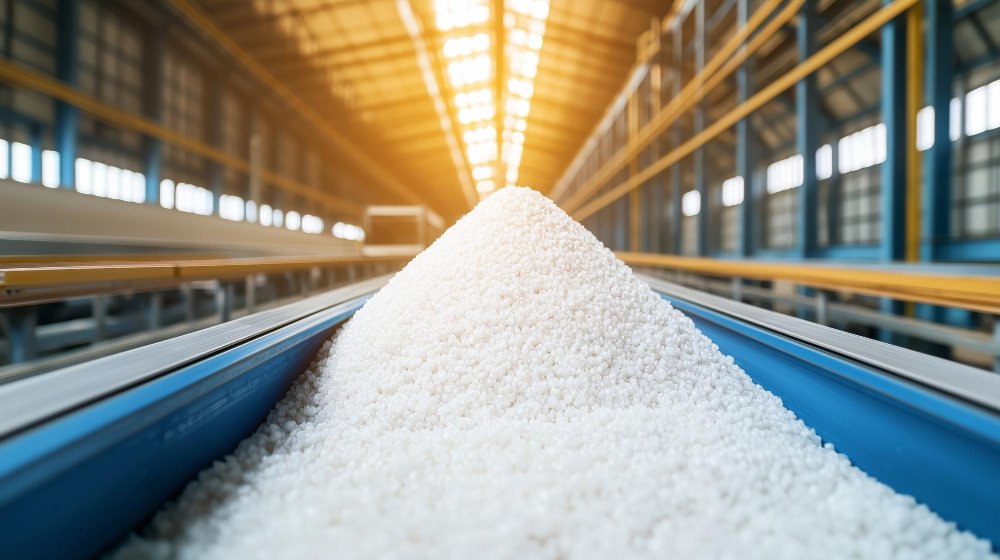 Premium refined white sugar on conveyor belt